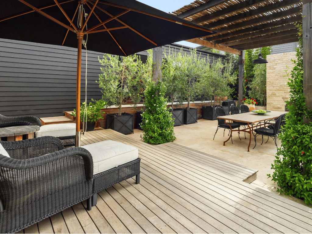 Modern outdoor deck built with durable New Castle decking material